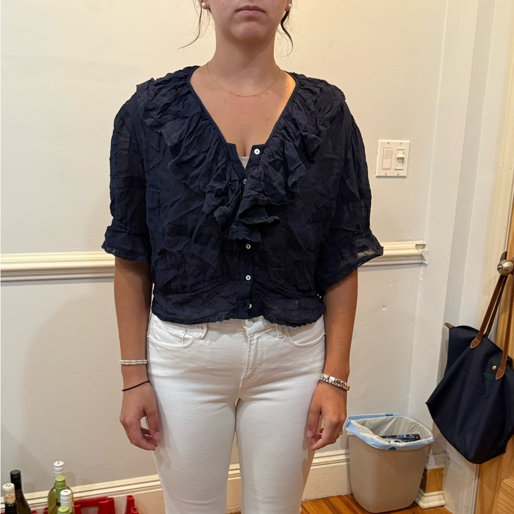 LoveShackFancy Midnight Blue Ruffled Blouse